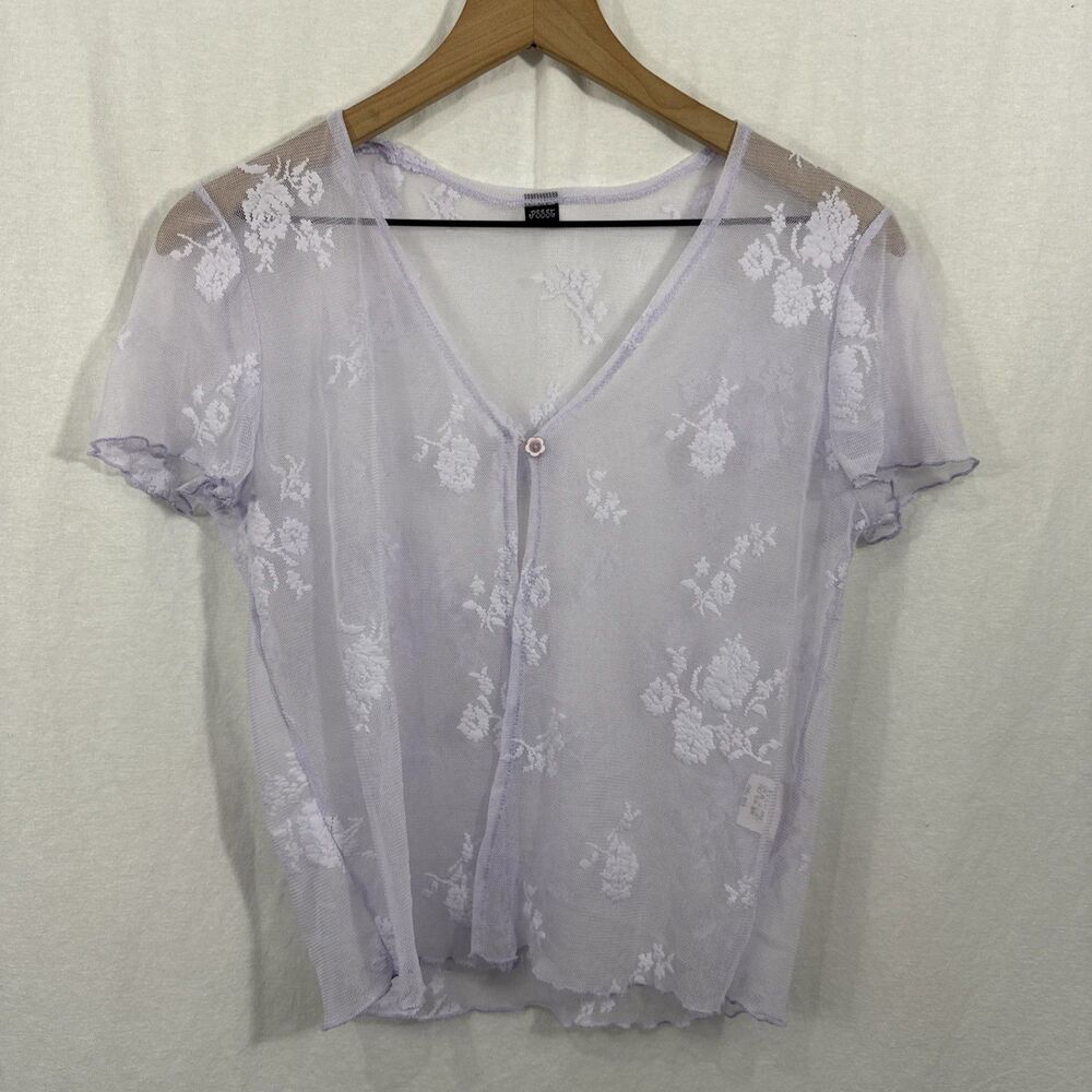Pssst Womens Sz L Purple Sheer Lace Button Short Sleeve Top Coquette Cottagecore
